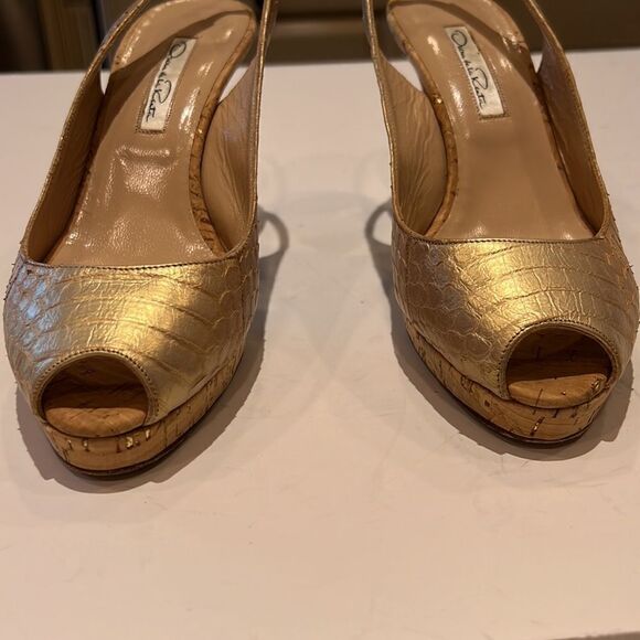 OSCAR DE LA RENTA Women’s Peep Toe Leather Slingback Heels Gold Size 37.5 - Picture 5 of 15